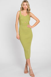 Green Rib Knit Cross Front Back Tie Midi Dress