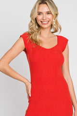 Red Ribbed Knit Fitted Dress