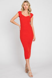 Red Ribbed Knit Fitted Dress