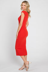 Red Ribbed Knit Fitted Dress