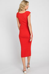 Red Ribbed Knit Fitted Dress