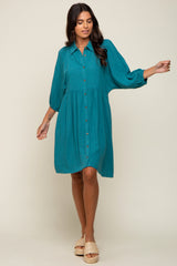 Teal Button Down Collared Dress