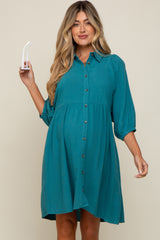 Teal Button Down Collared Maternity Dress