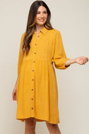 Mustard Button Down Collared Maternity Dress