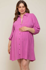 Pink Button Down Collared Plus Maternity Dress