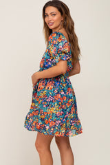 Navy Floral Chiffon Ruffle Accent Maternity Dress