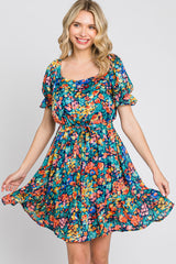 Navy Floral Chiffon Ruffle Accent Dress