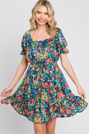 Navy Floral Chiffon Ruffle Accent Dress