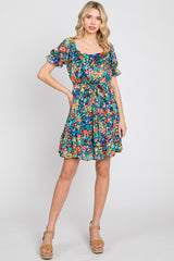 Navy Floral Chiffon Ruffle Accent Dress