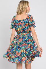 Navy Floral Chiffon Ruffle Accent Dress