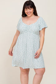 Mint Green Floral Ribbed Flutter Sleeve Plus Dress