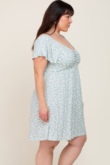 Mint Green Floral Ribbed Flutter Sleeve Plus Dress