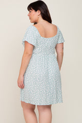 Mint Green Floral Ribbed Flutter Sleeve Plus Dress