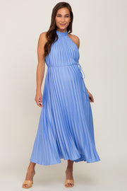 Light Blue Pleated Maternity Halter Dress