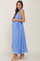 Light Blue Pleated Maternity Halter Dress