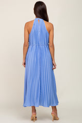 Light Blue Pleated Maternity Halter Dress