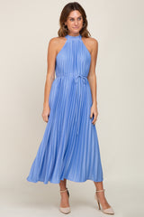 Light Blue Pleated Halter Dress