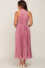 Pink Pleated Maternity Halter Dress