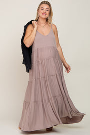 Taupe Tiered Sleeveless Maternity Plus Maxi Dress