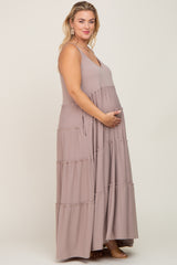 Taupe Tiered Sleeveless Maternity Plus Maxi Dress