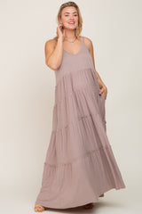 Taupe Tiered Sleeveless Maternity Plus Maxi Dress