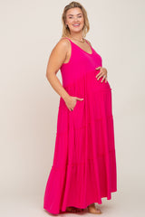 Fuchsia Tiered Sleeveless Maternity Plus Maxi Dress