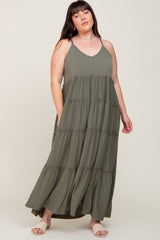 Olive Tiered Sleeveless Maternity Plus Maxi Dress