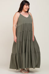 Olive Tiered Sleeveless Plus Maxi Dress