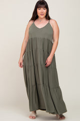 Olive Tiered Sleeveless Plus Maxi Dress