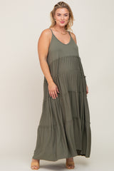 Olive Tiered Sleeveless Maternity Plus Maxi Dress