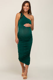 Forest Green One Shoulder Ruched Maternity Midi Dress