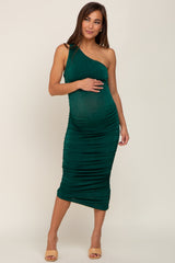 Forest Green One Shoulder Ruched Maternity Midi Dress