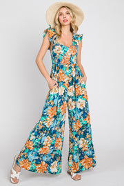 Navy Floral Smocked Ruffle Accent Jumpsuit