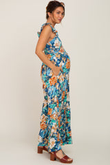 Navy Floral Smocked Ruffle Accent Maternity Jumpsuit