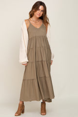 Light Olive Tiered Sleeveless Maxi Dress