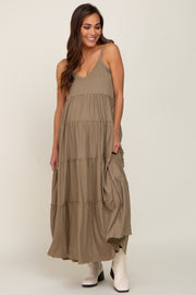 Light Olive Tiered Sleeveless Maternity Maxi Dress