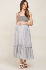 Sage Gingham Colorblock Maternity Dress