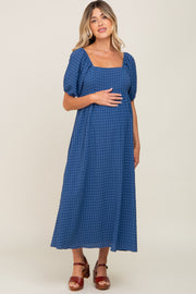 Blue Textured Gingham Square Neck Maternity Maxi Dress