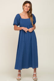 Blue Textured Gingham Square Neck Maxi Dress