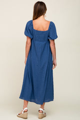 Blue Textured Gingham Square Neck Maxi Dress