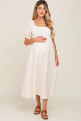 Cream Textured Gingham Square Neck Maternity Maxi Dress