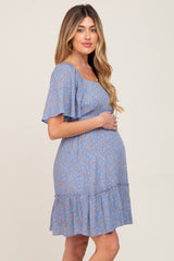 Blue Floral Square Neck Smocked Open Back Maternity Dress