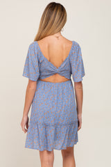 Blue Floral Square Neck Smocked Open Back Maternity Dress