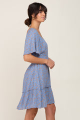 Blue Floral Square Neck Smocked Open Back Dress