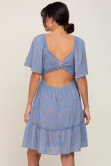 Blue Floral Square Neck Smocked Open Back Dress