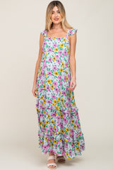 Light Blue Floral Ruffle Tier Maternity Maxi Dress