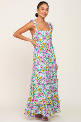 Light Blue Floral Ruffle Tier Maternity Maxi Dress