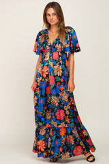 Black Floral Flounce Sleeve Maternity Maxi Dress