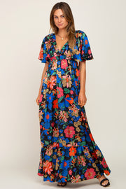 Black Floral Flounce Sleeve Maxi Dress