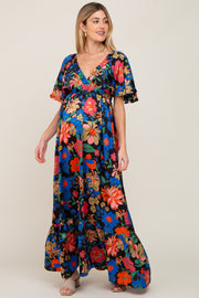 Black Floral Flounce Sleeve Maternity Maxi Dress